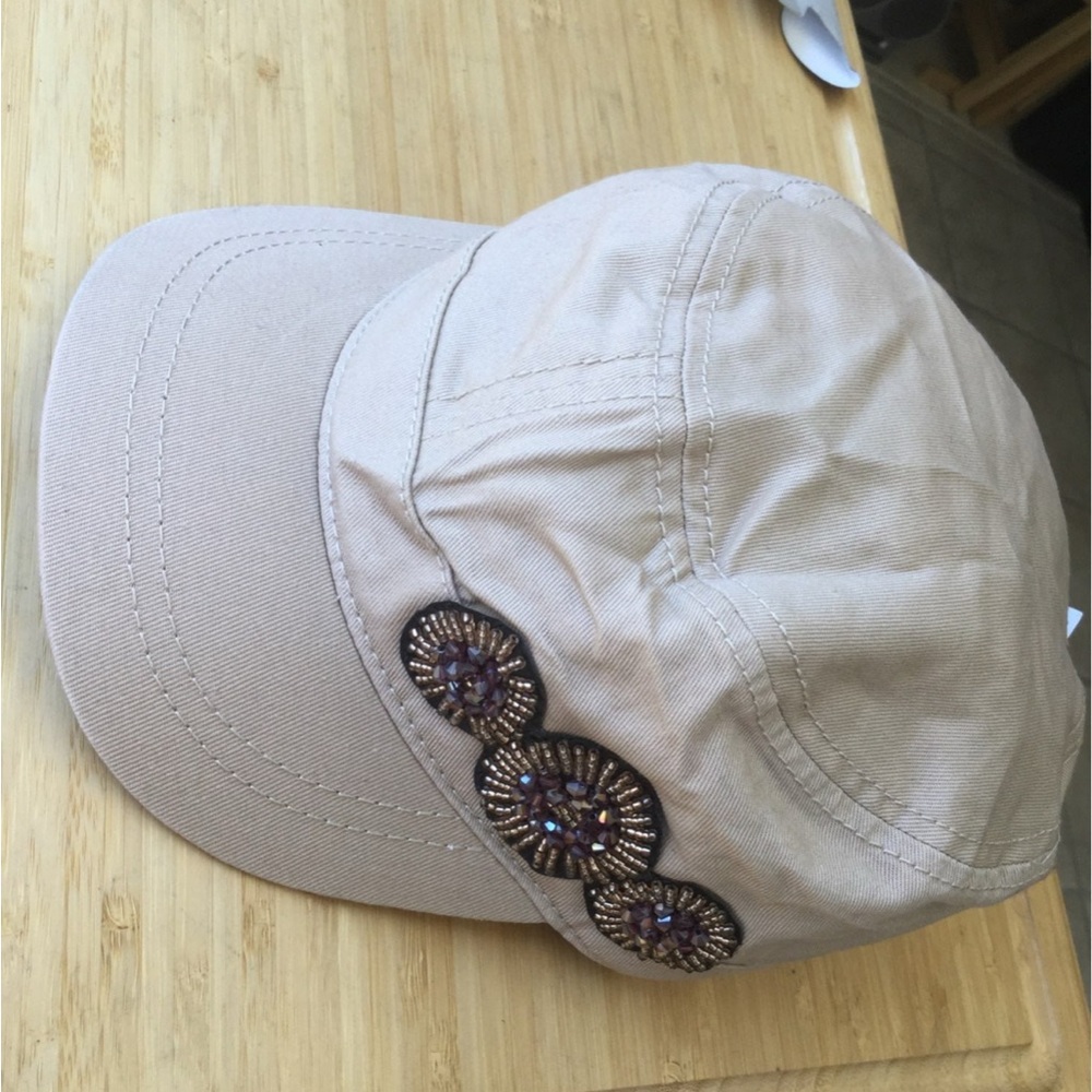 Stylish Tan Cadet style Cap with Beaded Accents